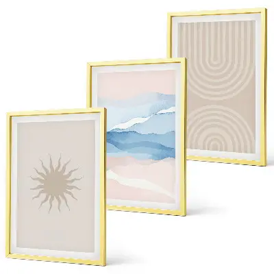 Wanddecoratieset met schilderijen abstracte lijnen van zon en golven in pasteltinten