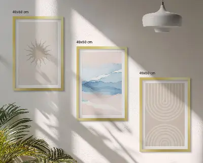 Wanddecoratieset met schilderijen abstracte lijnen van zon en golven in pasteltinten