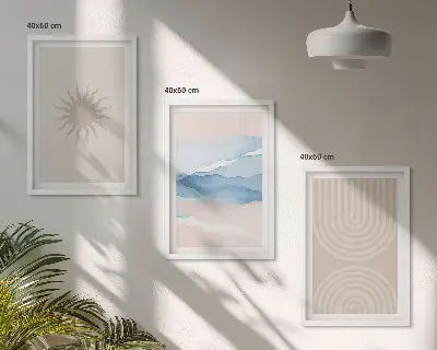 Wanddecoratieset met schilderijen abstracte lijnen van zon en golven in pasteltinten