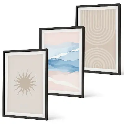 Wanddecoratieset met schilderijen abstracte lijnen van zon en golven in pasteltinten