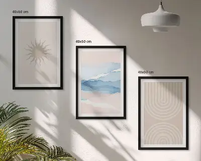Wanddecoratieset met schilderijen abstracte lijnen van zon en golven in pasteltinten
