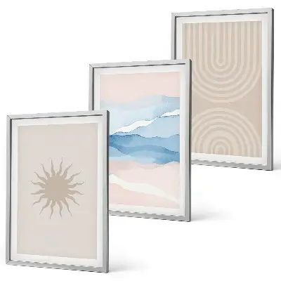 Wanddecoratieset met schilderijen abstracte lijnen van zon en golven in pasteltinten
