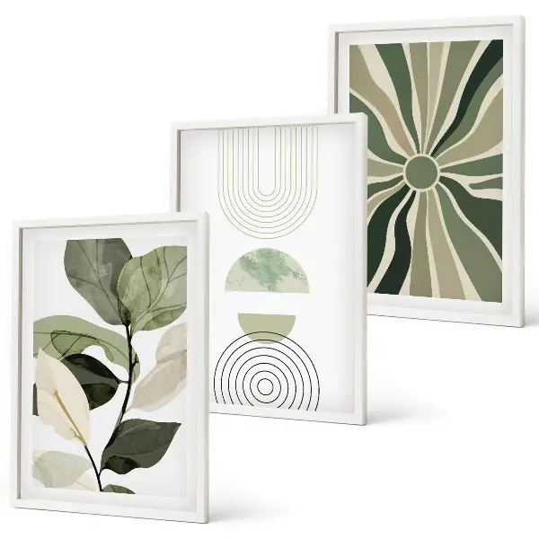 Fotowand met geometrische motieven in groen en botanische invloeden