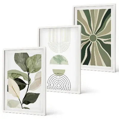 Fotowand met geometrische motieven in groen en botanische invloeden
