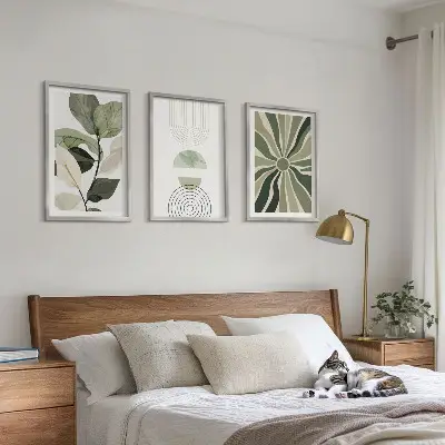 Fotowand met geometrische motieven in groen en botanische invloeden