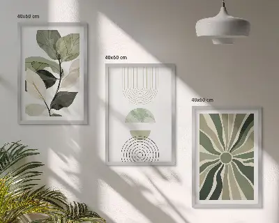 Fotowand met geometrische motieven in groen en botanische invloeden
