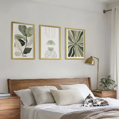 Fotowand met geometrische motieven in groen en botanische invloeden
