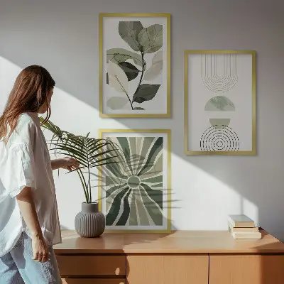 Fotowand met geometrische motieven in groen en botanische invloeden