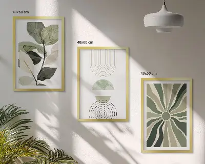 Fotowand met geometrische motieven in groen en botanische invloeden