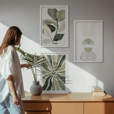 Fotowand met geometrische motieven in groen en botanische invloeden