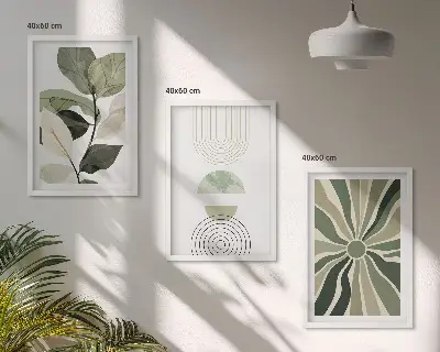 Fotowand met geometrische motieven in groen en botanische invloeden