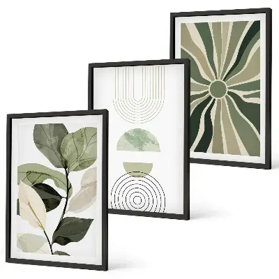 Fotowand met geometrische motieven in groen en botanische invloeden