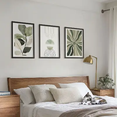 Fotowand met geometrische motieven in groen en botanische invloeden
