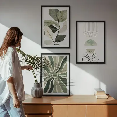 Fotowand met geometrische motieven in groen en botanische invloeden