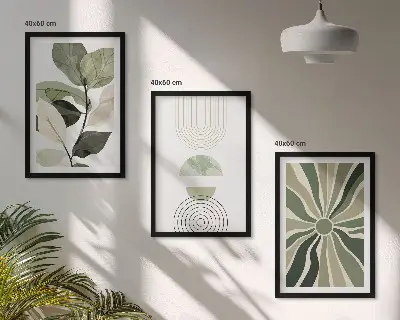 Fotowand met geometrische motieven in groen en botanische invloeden