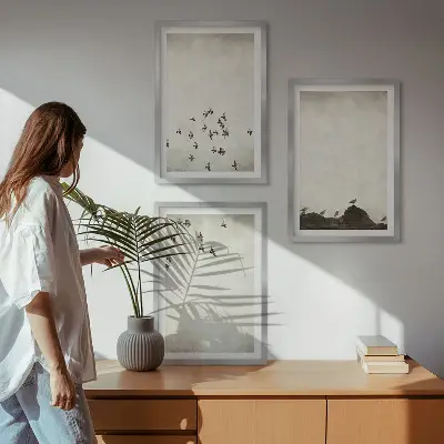 Wanddecoratieset schilderijen vliegende vogels in minimalistische stijl