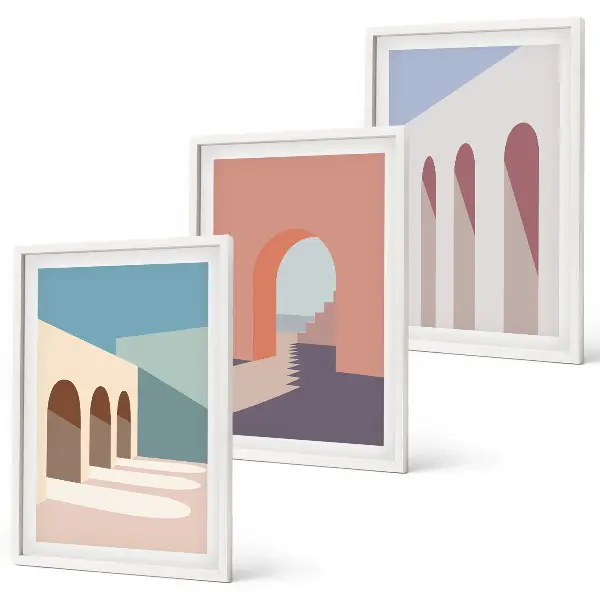 Set van wanddecoraties met architectuurmotieven pastelkleurige grafische prints