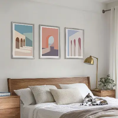 Set van wanddecoraties met architectuurmotieven pastelkleurige grafische prints
