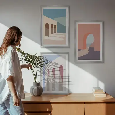 Set van wanddecoraties met architectuurmotieven pastelkleurige grafische prints