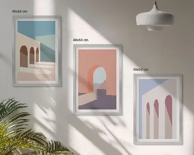 Set van wanddecoraties met architectuurmotieven pastelkleurige grafische prints