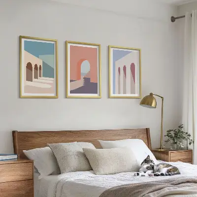 Set van wanddecoraties met architectuurmotieven pastelkleurige grafische prints