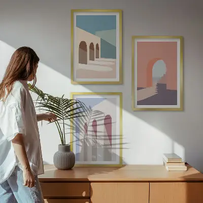 Set van wanddecoraties met architectuurmotieven pastelkleurige grafische prints