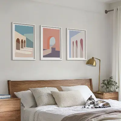 Set van wanddecoraties met architectuurmotieven pastelkleurige grafische prints
