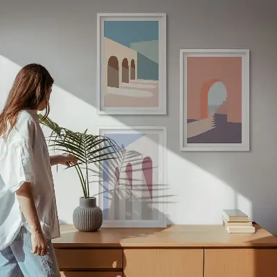 Set van wanddecoraties met architectuurmotieven pastelkleurige grafische prints
