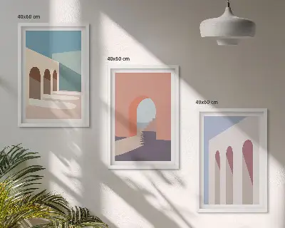 Set van wanddecoraties met architectuurmotieven pastelkleurige grafische prints