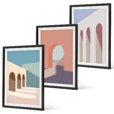 Set van wanddecoraties met architectuurmotieven pastelkleurige grafische prints