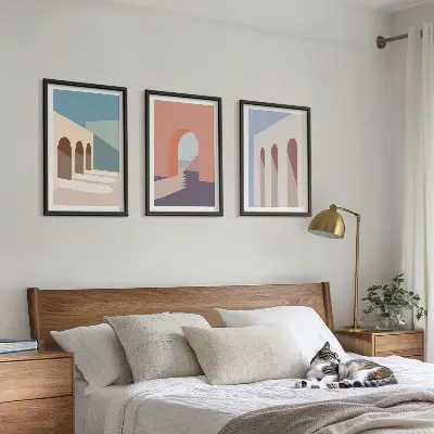Set van wanddecoraties met architectuurmotieven pastelkleurige grafische prints