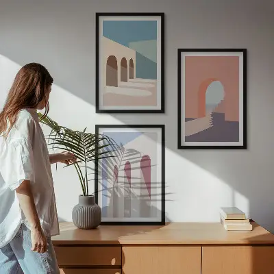 Set van wanddecoraties met architectuurmotieven pastelkleurige grafische prints