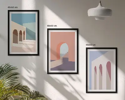 Set van wanddecoraties met architectuurmotieven pastelkleurige grafische prints