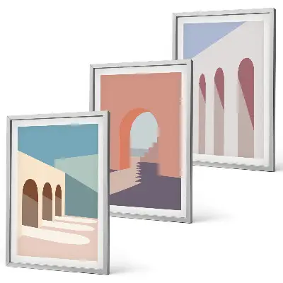 Set van wanddecoraties met architectuurmotieven pastelkleurige grafische prints