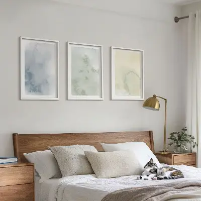 Set van wanddecoratie schilderijen met pastelkleurige aquarellen op canvas