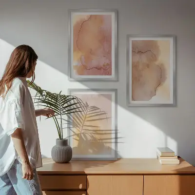Wanddecoratieset schilderijen warme aquarellen met kleurrijke texturen