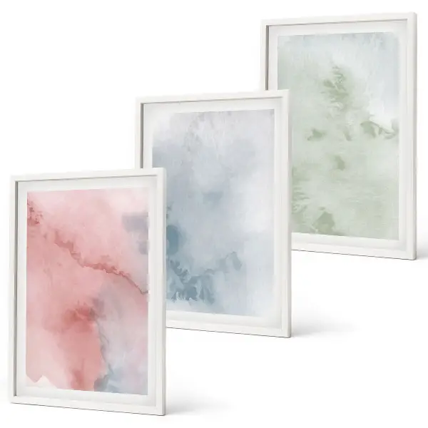 Set wanddecoratie met schilderijen pastelkleurige aquarelstructuren