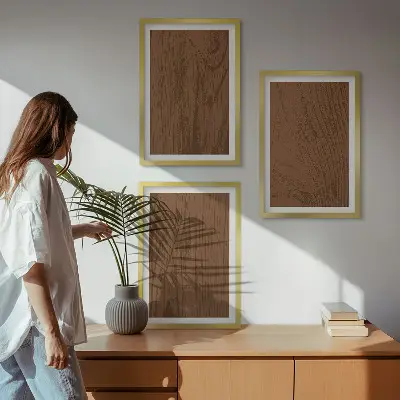Set wanddecoratie met schilderijen minimalistische houten schorsstructuur