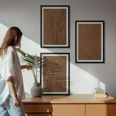 Set wanddecoratie met schilderijen minimalistische houten schorsstructuur