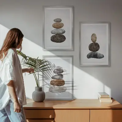 Set wanddecoratie met minimalistische stenen in boho-stijl set van schilderijen