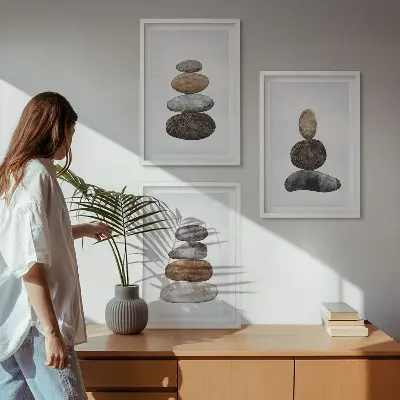 Set wanddecoratie met minimalistische stenen in boho-stijl set van schilderijen