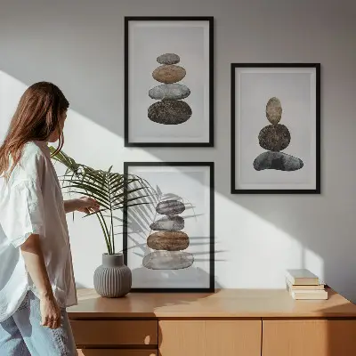 Set wanddecoratie met minimalistische stenen in boho-stijl set van schilderijen