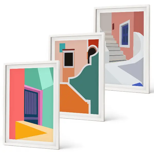 Set schilderijen met wanddecoratie kleurrijke illustraties van gebouwen