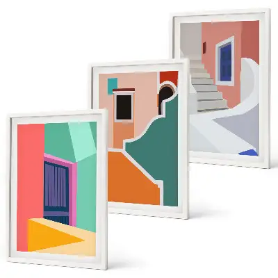 Wanddecoratie set schilderijen Kolorowe ilustracje budynków
