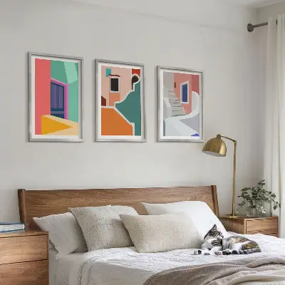 Set schilderijen met wanddecoratie kleurrijke illustraties van gebouwen