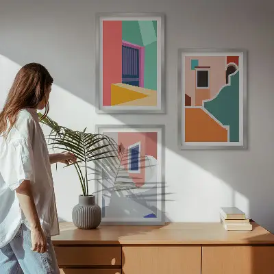 Set schilderijen met wanddecoratie kleurrijke illustraties van gebouwen