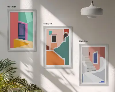 Set schilderijen met wanddecoratie kleurrijke illustraties van gebouwen