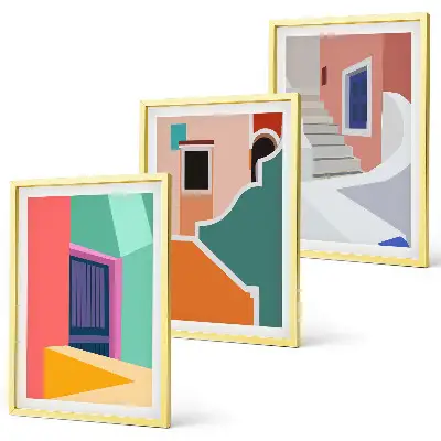 Set schilderijen met wanddecoratie kleurrijke illustraties van gebouwen