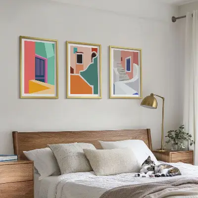 Set schilderijen met wanddecoratie kleurrijke illustraties van gebouwen