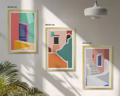 Set schilderijen met wanddecoratie kleurrijke illustraties van gebouwen